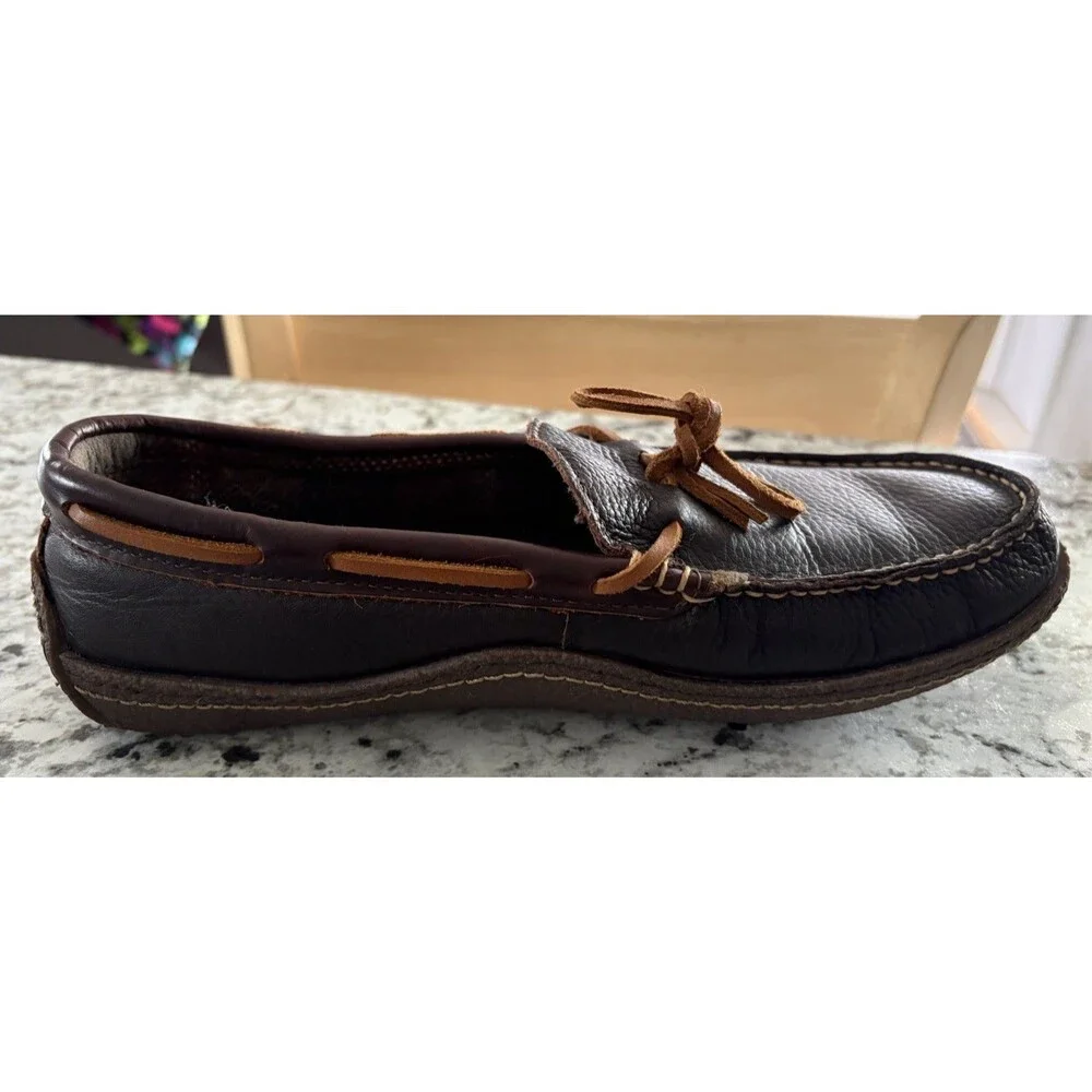 L.L.Bean Men's Brown Leather Moccasin Lace Up Plaid Lined Shoes 9W